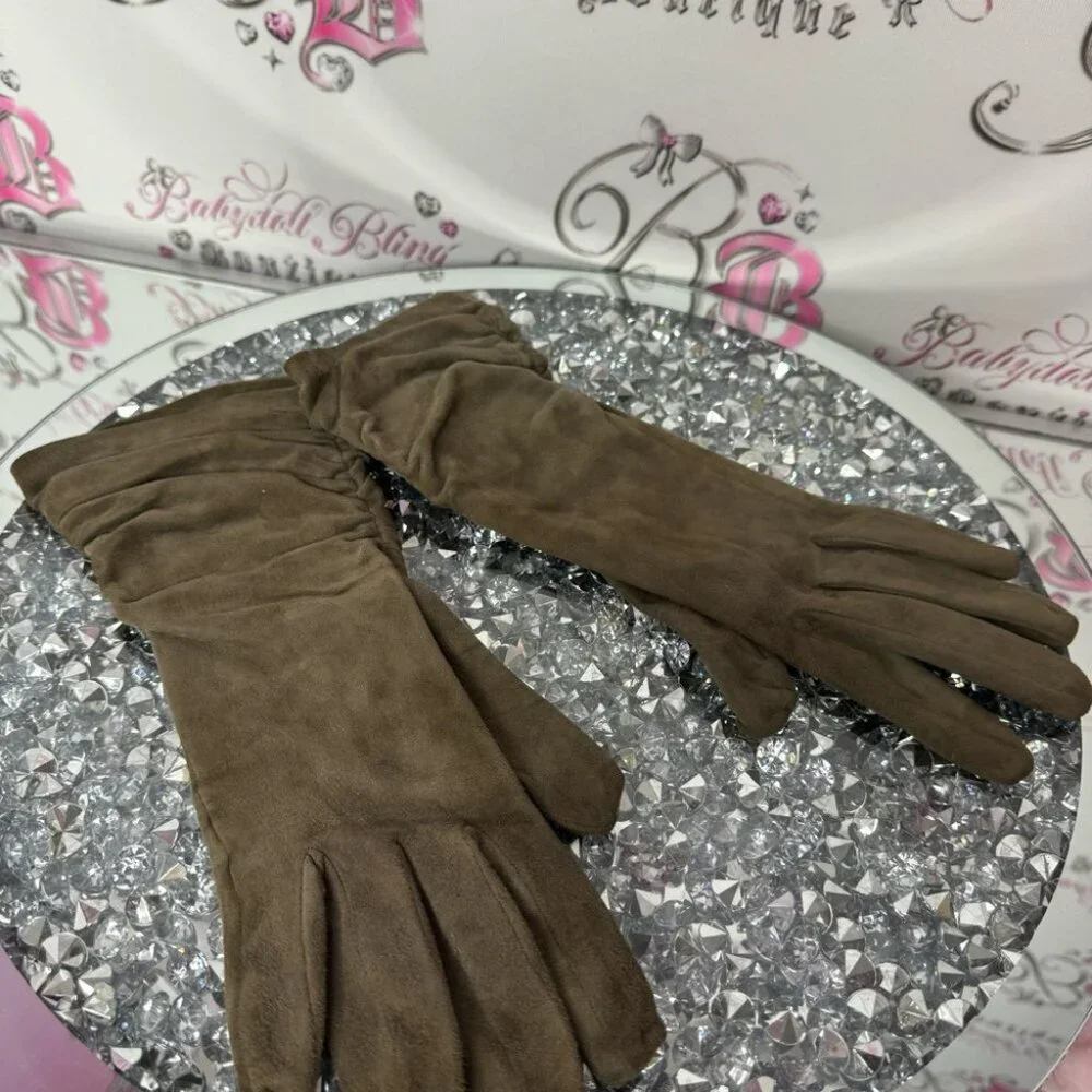 Holt renfrew gloves mittens taupe brown grey nude leather silk cinched sides 7